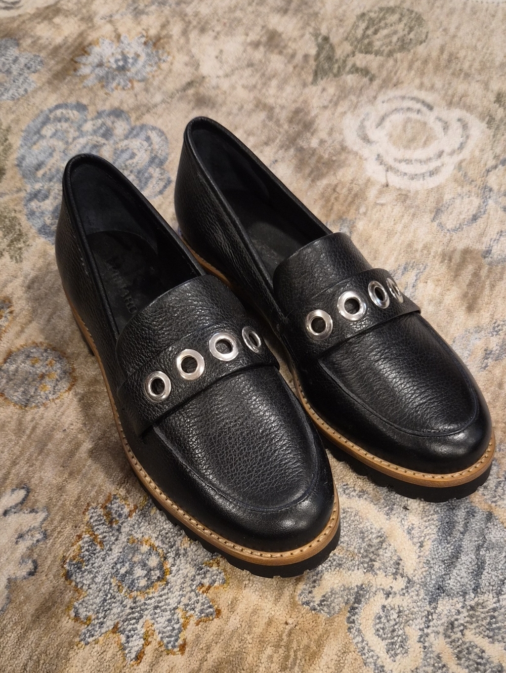 Bernardo Black Leather Loafers with Silver Eyelets